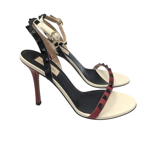 Valentino Garavani Rockstud Ankle Strap Red Black Cream Stiletto Heels 37 - Picture 1 of 7